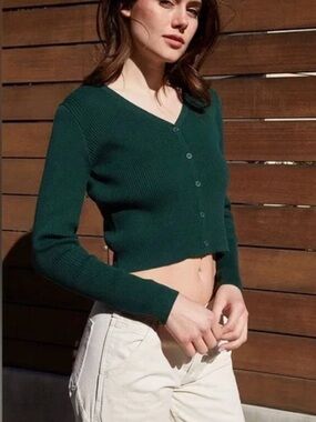Women's Brandy Melville Deep Green V-Neck Button Crop Sweater